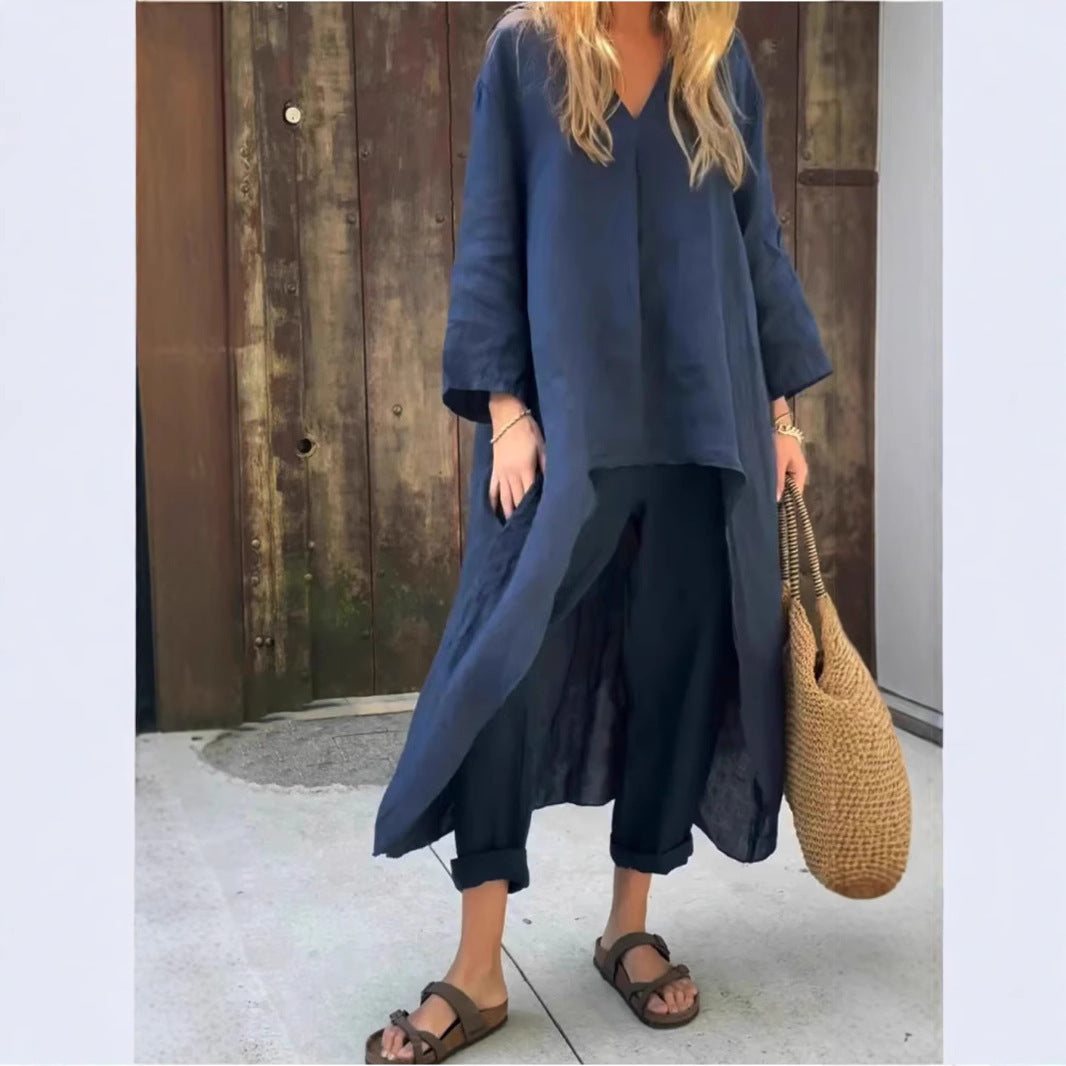 Ensemble 2 pièces uni à col en V avec poches – coupe ample