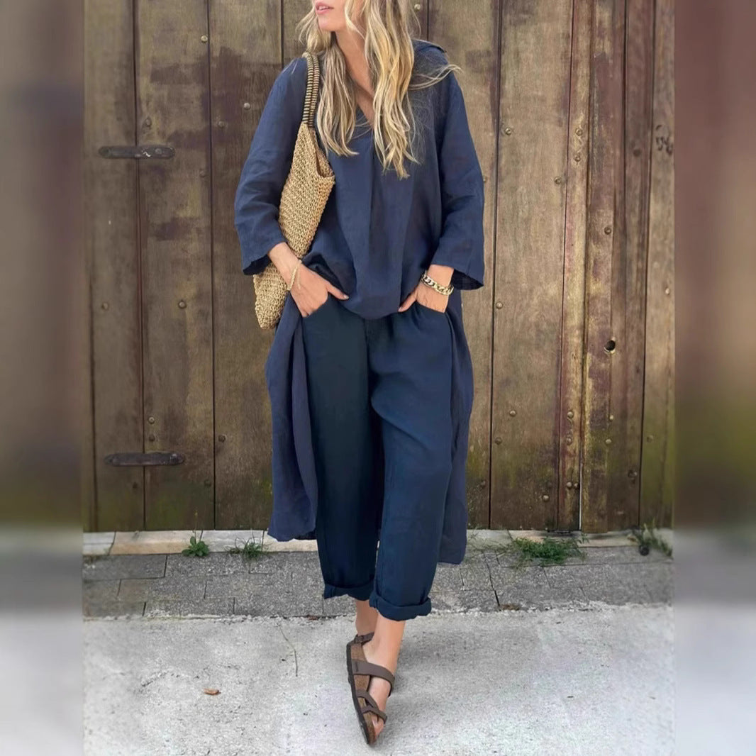 Ensemble 2 pièces uni à col en V avec poches – coupe ample