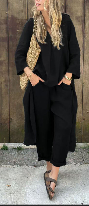 Ensemble 2 pièces uni à col en V avec poches – coupe ample