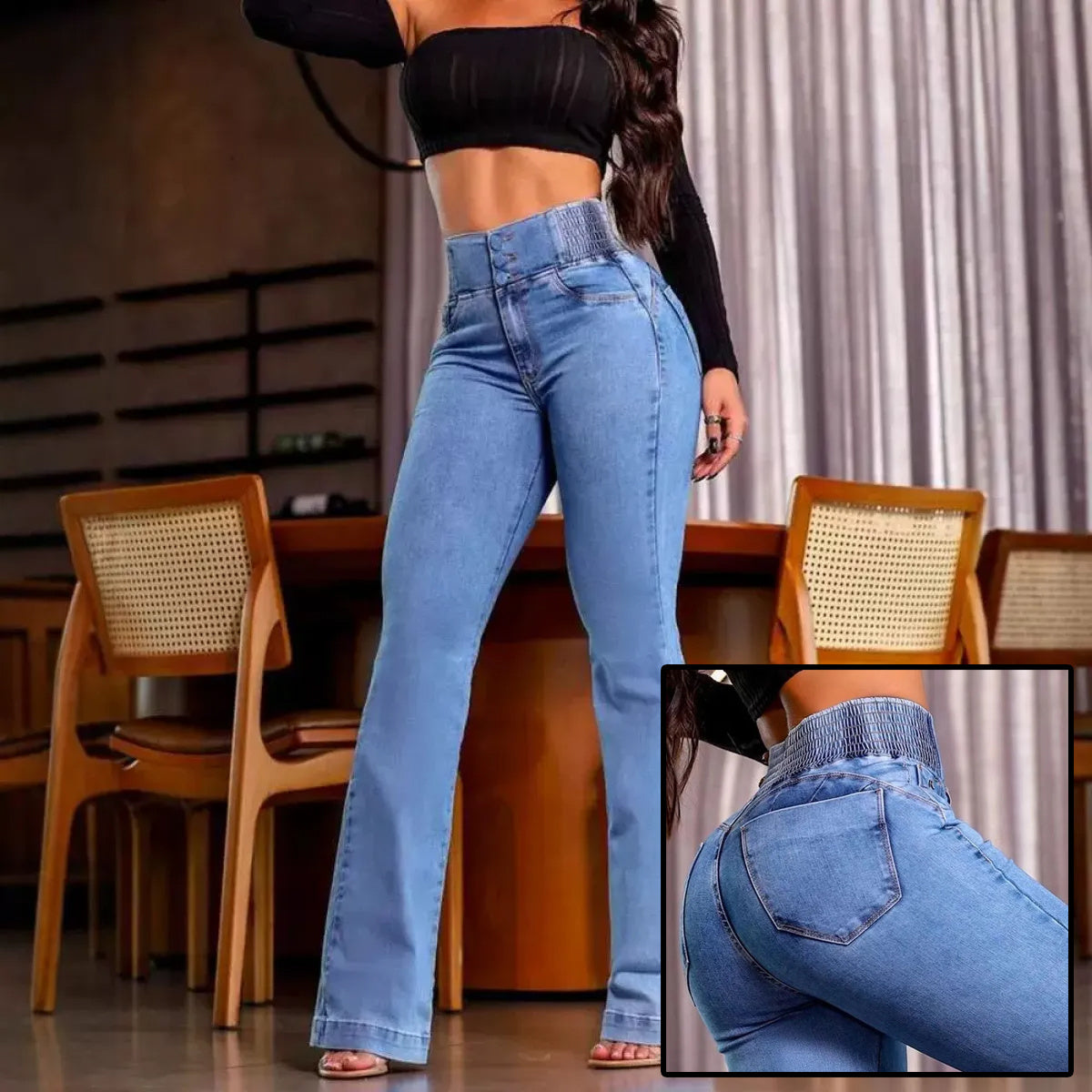 Jean femme élégant et tendance, taille haute, coupe décontractée, fronces au dos, boutons sur le devant