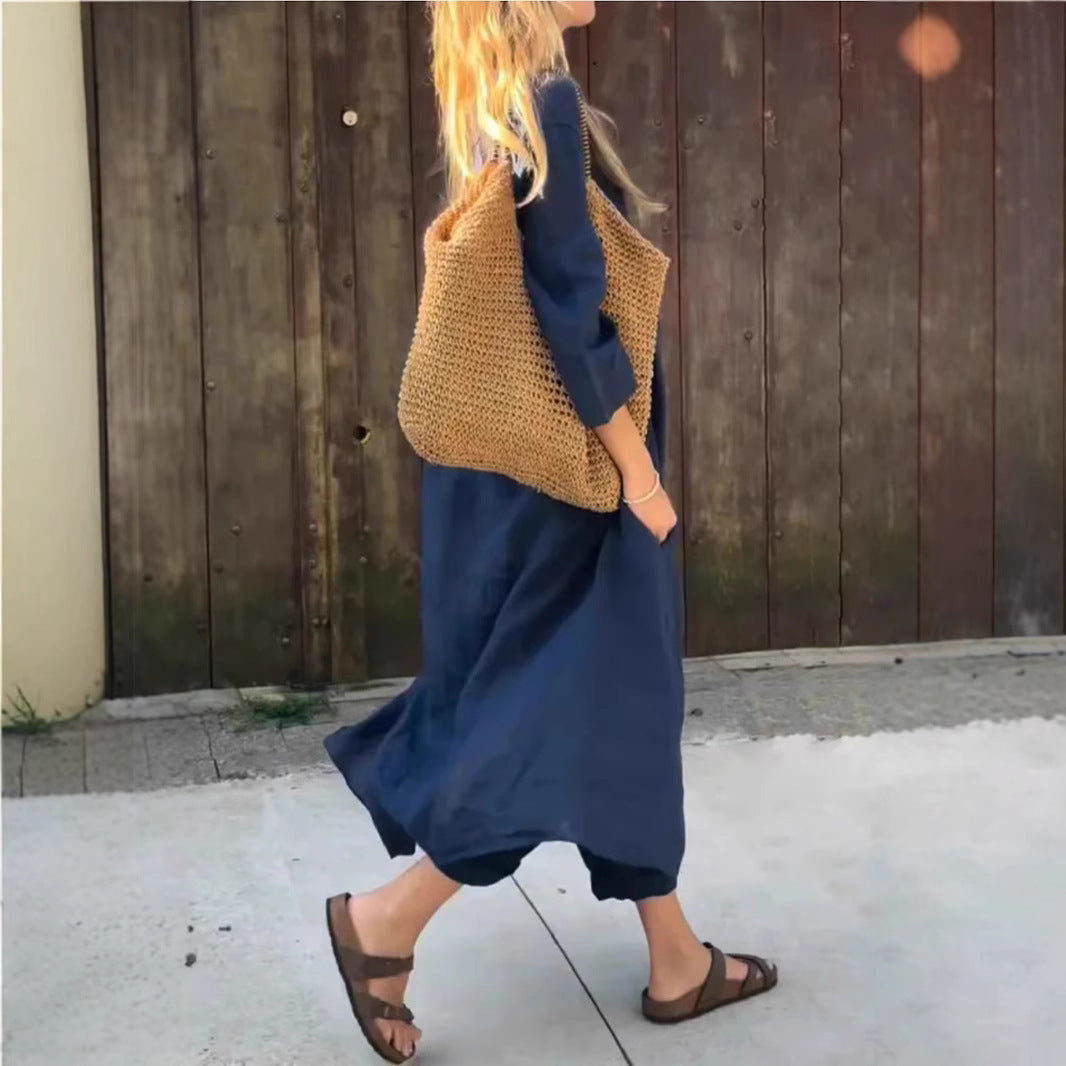 Ensemble 2 pièces uni à col en V avec poches – coupe ample