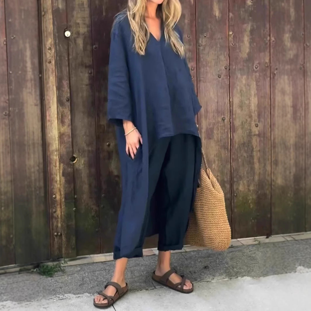 Ensemble 2 pièces uni à col en V avec poches – coupe ample