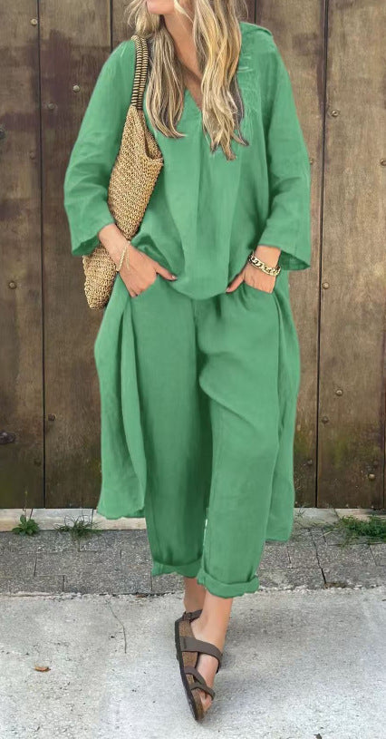Ensemble 2 pièces uni à col en V avec poches – coupe ample