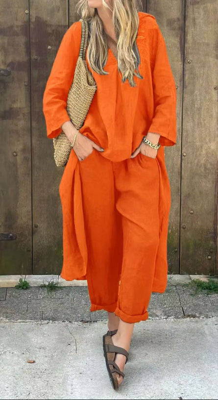 Ensemble 2 pièces uni à col en V avec poches – coupe ample