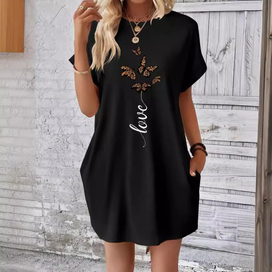 Robe t-shirt à manches chauve-souris avec motif papillon et lettres