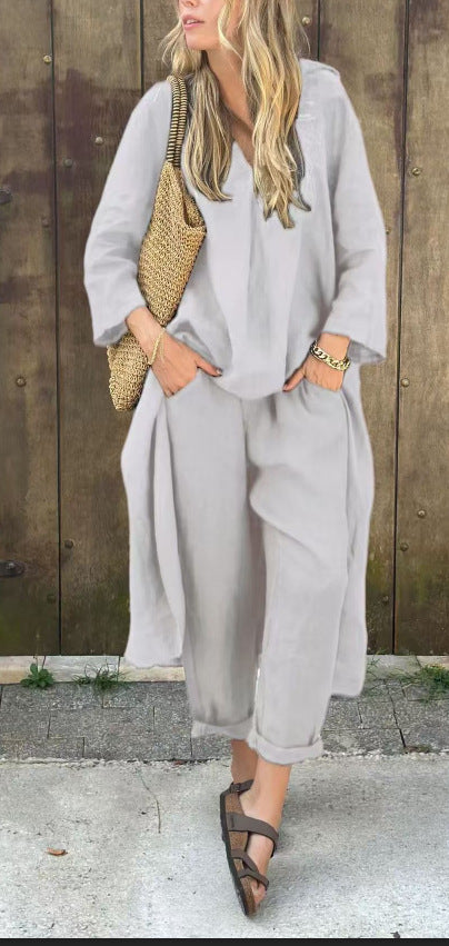 Ensemble 2 pièces uni à col en V avec poches – coupe ample