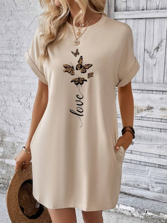Robe t-shirt à manches chauve-souris avec motif papillon et lettres