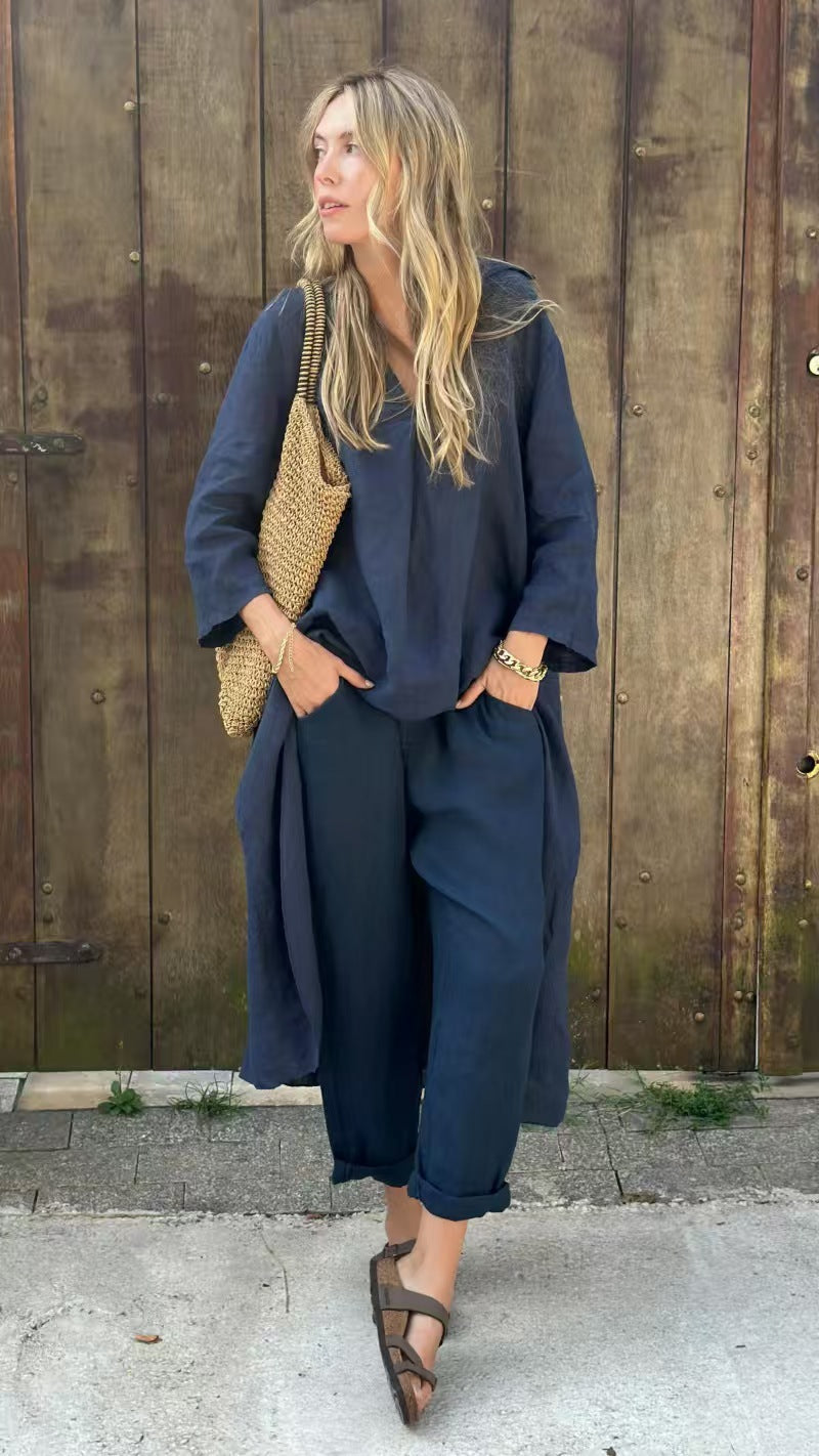 Ensemble 2 pièces uni à col en V avec poches – coupe ample