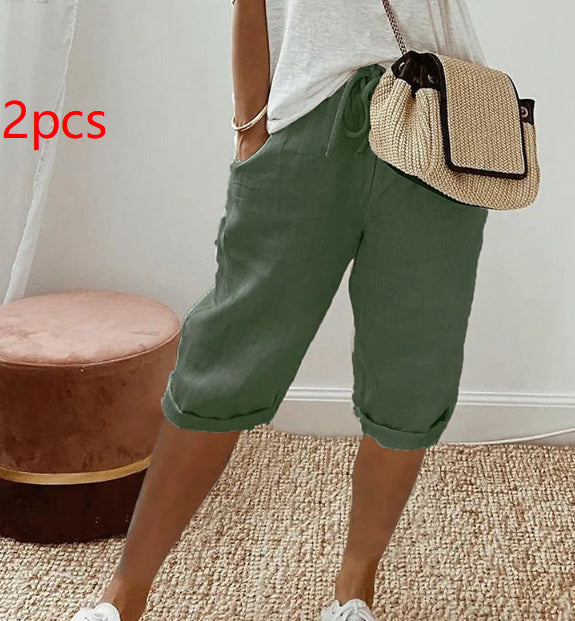 Pantalon femme en coton et lin avec poches et taille élastique – pantacourt longueur mi-mollet.