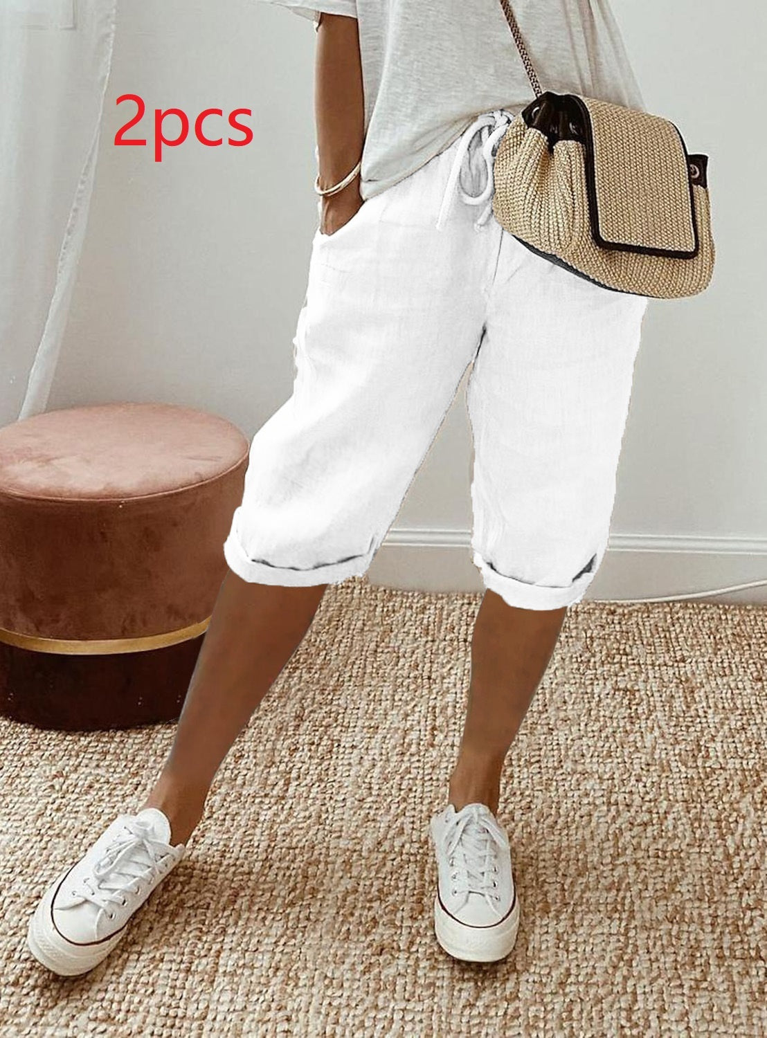 Pantalon femme en coton et lin avec poches et taille élastique – pantacourt longueur mi-mollet.