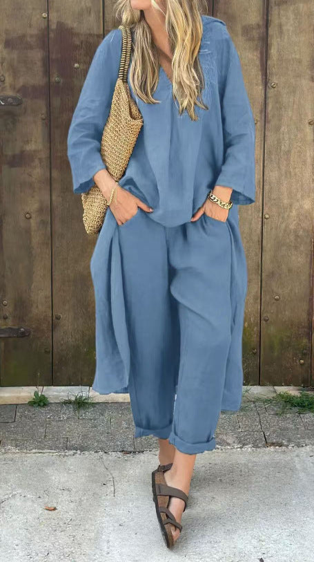 Ensemble 2 pièces uni à col en V avec poches – coupe ample