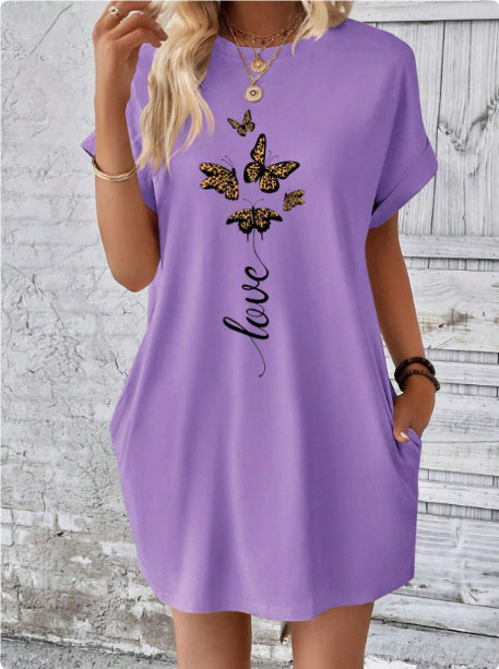 Robe t-shirt à manches chauve-souris avec motif papillon et lettres