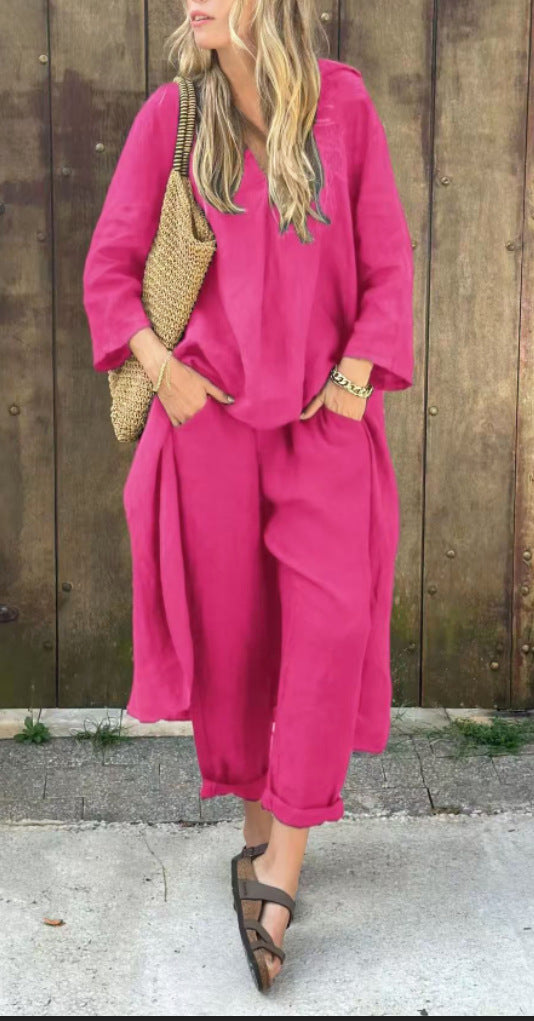 Ensemble 2 pièces uni à col en V avec poches – coupe ample