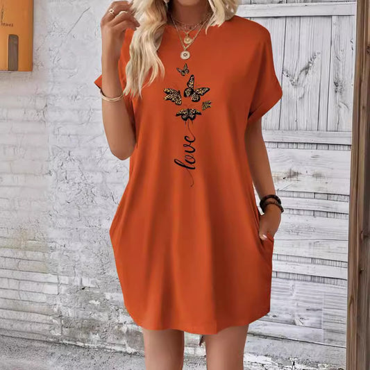 Robe t-shirt à manches chauve-souris avec motif papillon et lettres