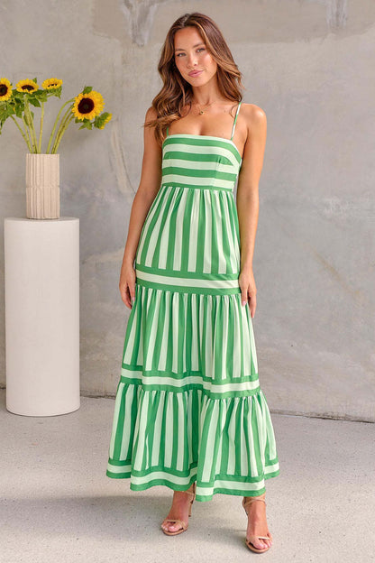 Robe Longue d’Été à Rayures avec Bretelles et Poches