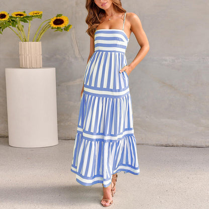 Robe Longue d’Été à Rayures avec Bretelles et Poches