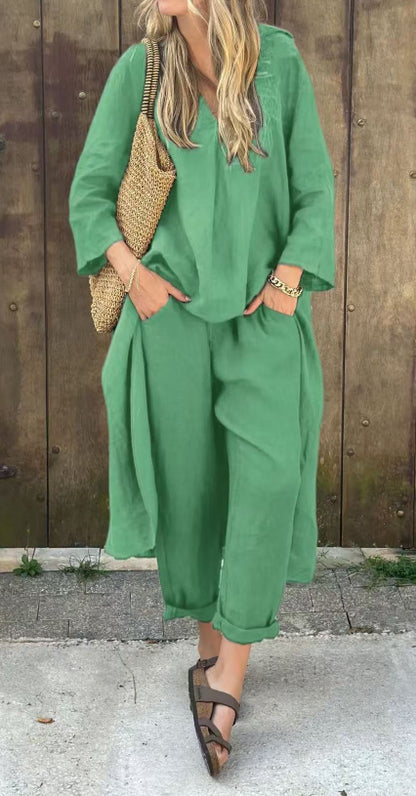 Ensemble 2 pièces uni à col en V avec poches – coupe ample