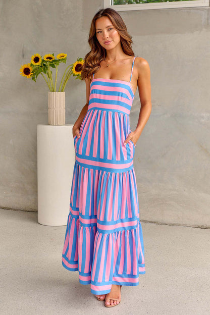 Robe Longue d’Été à Rayures avec Bretelles et Poches