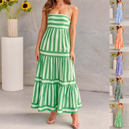 Robe Longue d’Été à Rayures avec Bretelles et Poches