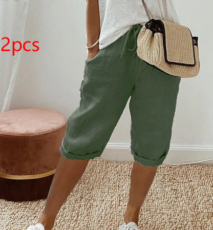 Pantalon femme en coton et lin avec poches et taille élastique – pantacourt longueur mi-mollet.