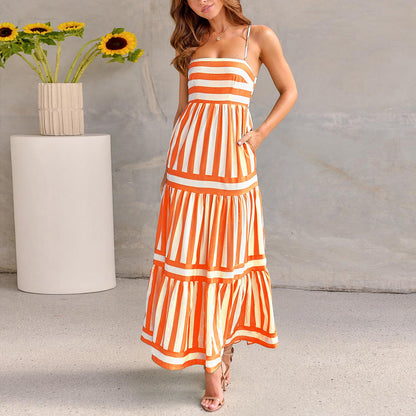 Robe Longue d’Été à Rayures avec Bretelles et Poches