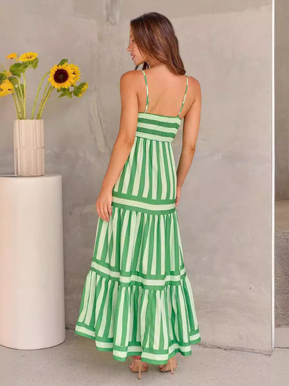 Robe Longue d’Été à Rayures avec Bretelles et Poches