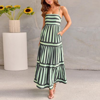 Robe Longue d’Été à Rayures avec Bretelles et Poches