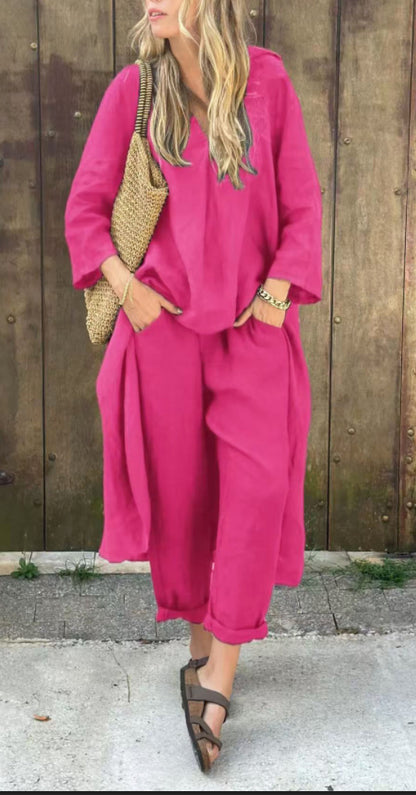 Ensemble 2 pièces uni à col en V avec poches – coupe ample