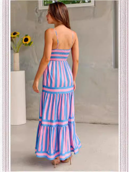 Robe Longue d’Été à Rayures avec Bretelles et Poches
