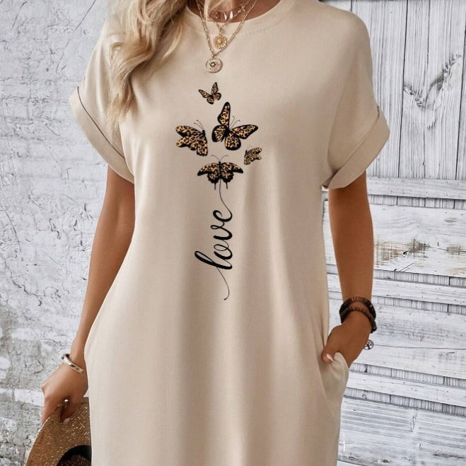 Robe t-shirt à manches chauve-souris avec motif papillon et lettres